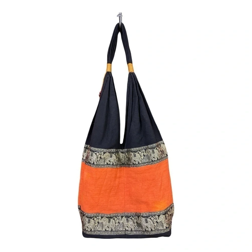 Shoulder Bag Sling Thai Hippie Hobo Orange Black color Crossbody Bag Bohemian